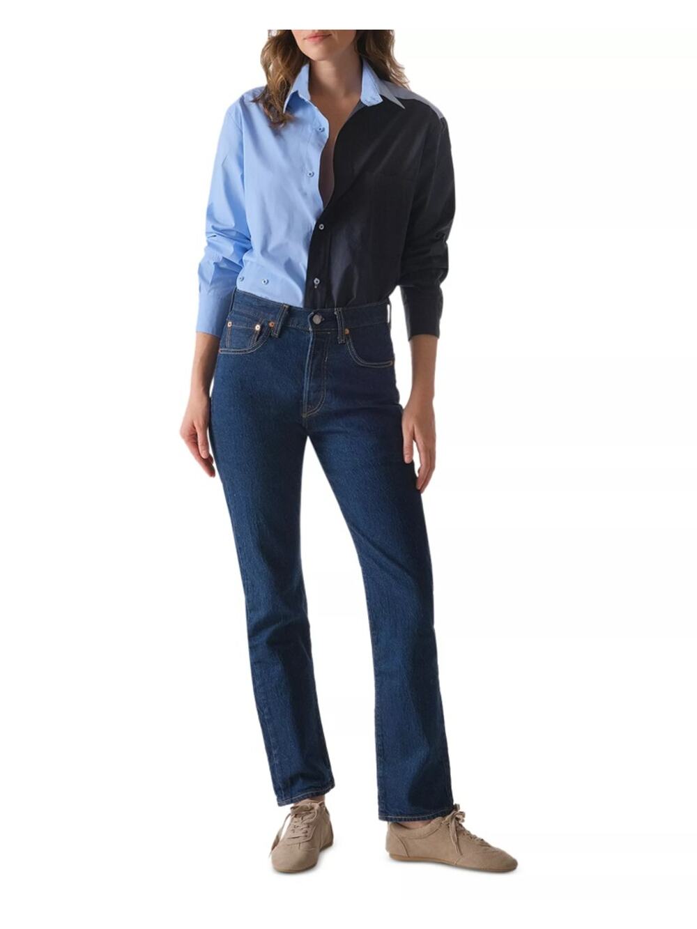 CISSA Women Blue/Navy Color Blocked Cotton Poplin Button Down Shirt Size XS/S